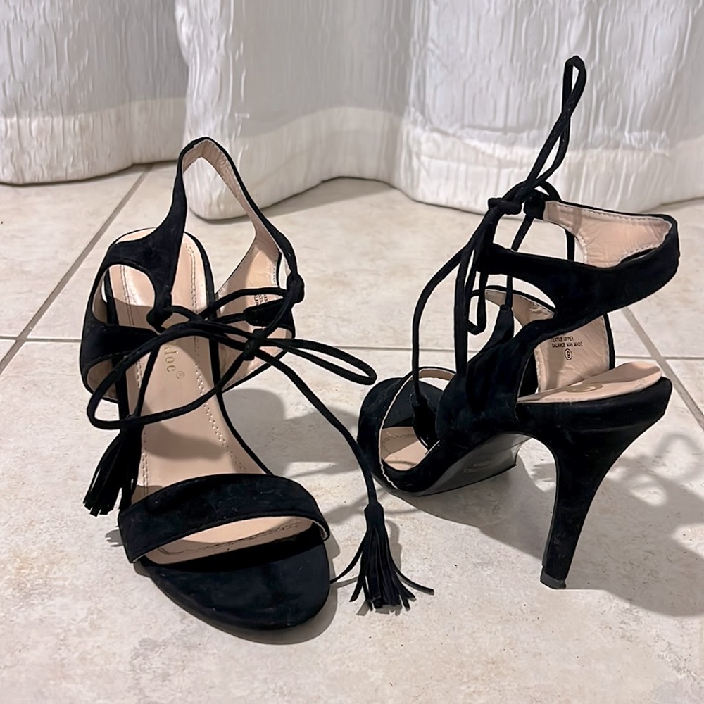 Black Suede Strappy Heel With Tassels
